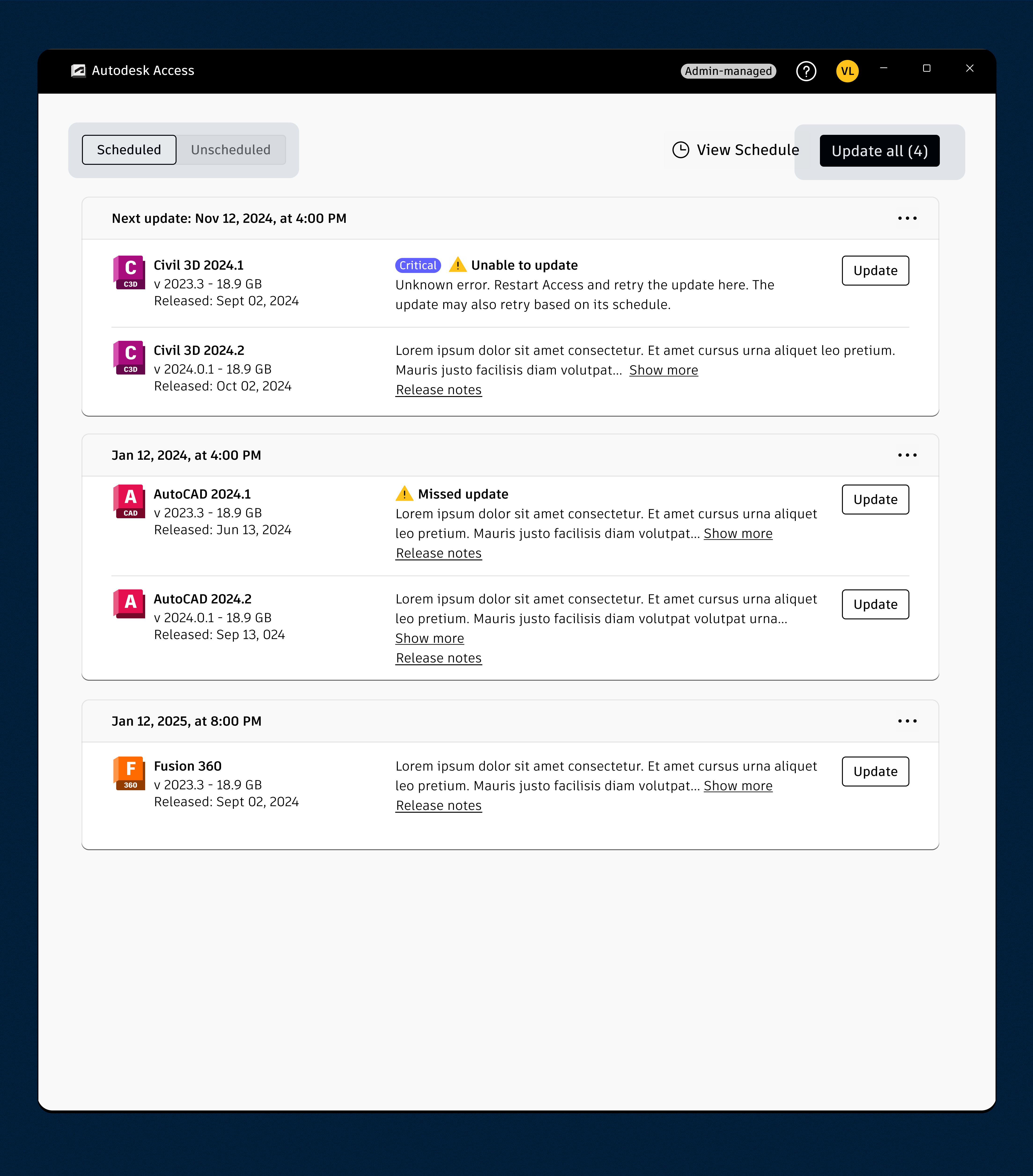 Variant C — Scheduled and Unscheduled toggle, Update all missed and available