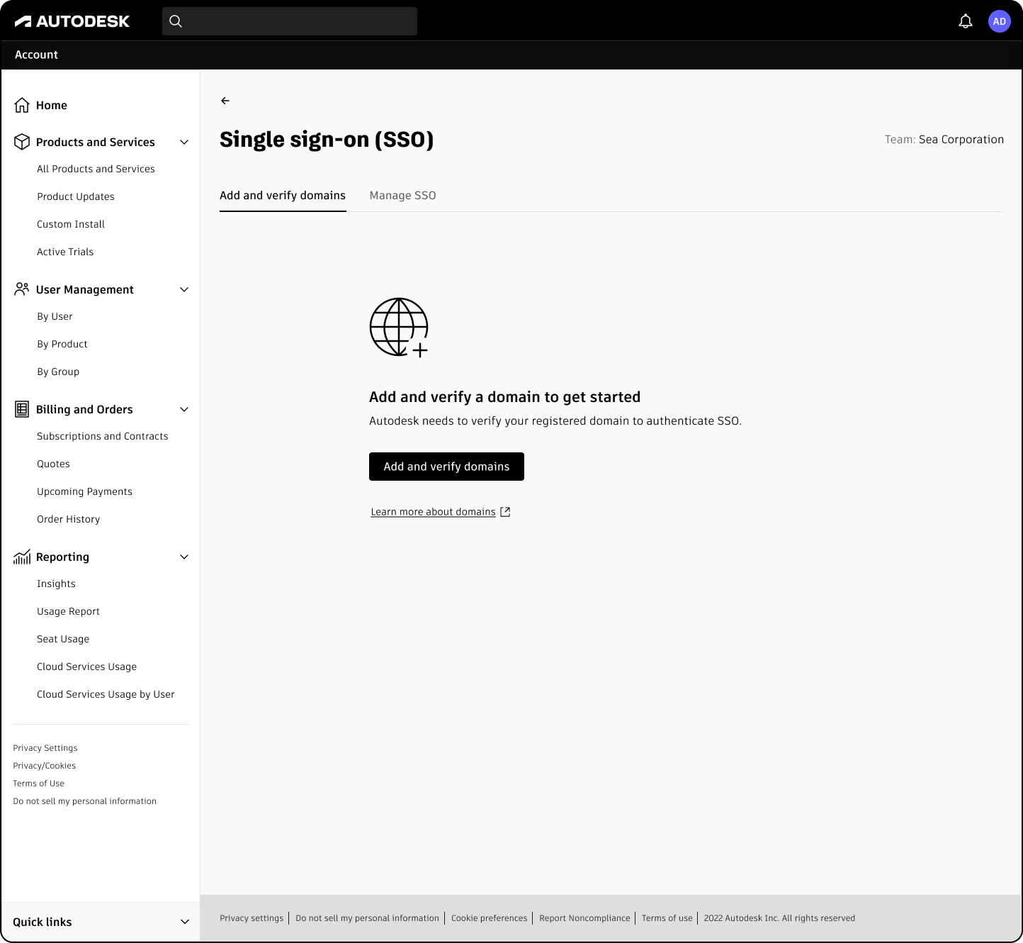 SSO self-service: setup entry point in Autodesk Account