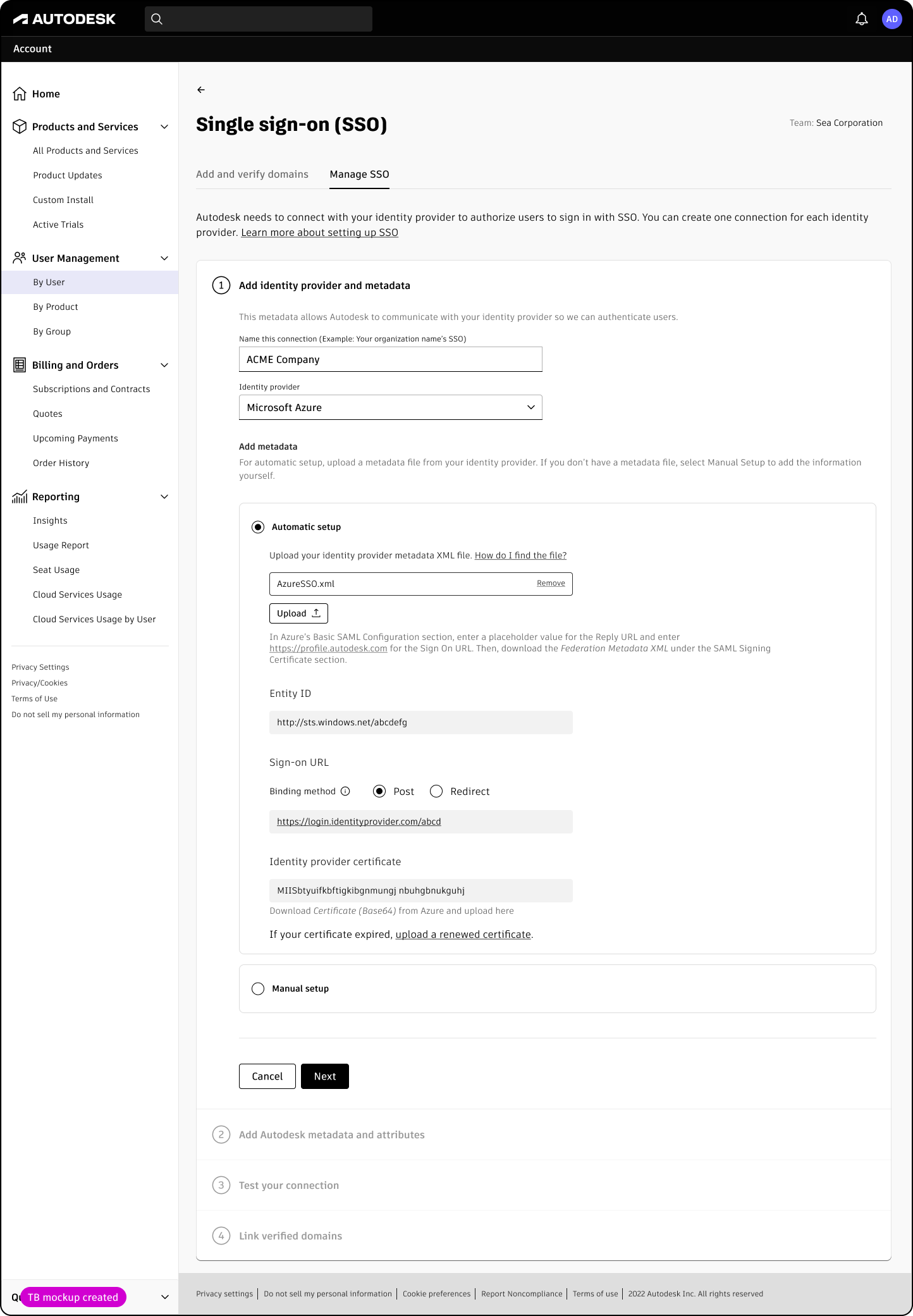 SSO self-service: guided configuration with identity provider details